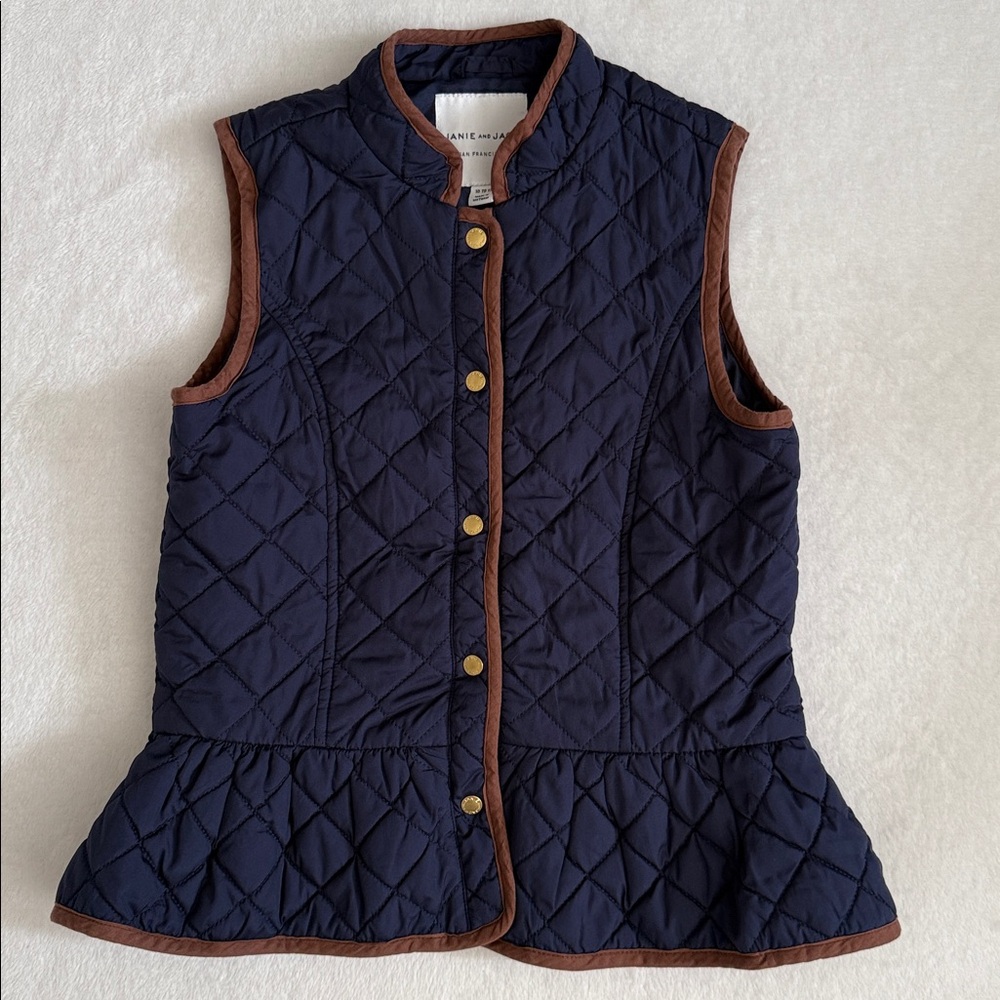 Janie and Jack | Quilted Peplum Vest Snap Front Navy Blue/Brown (L 10-12)